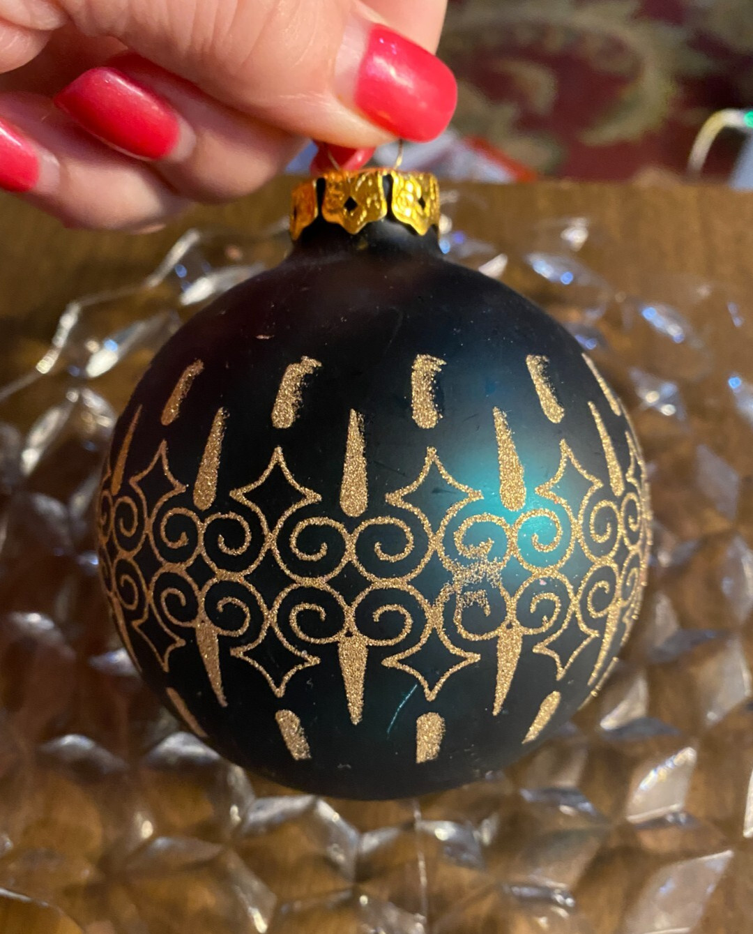 Vintage Dark Green Blown Glass Ball w Gold Glitter Stencil Christmas Ornament 3"