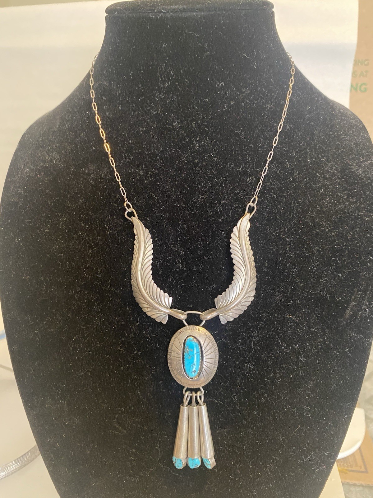 Vintage Navajo Sterling & Turquoise Shadow Box & Feather Collar Design Necklace 