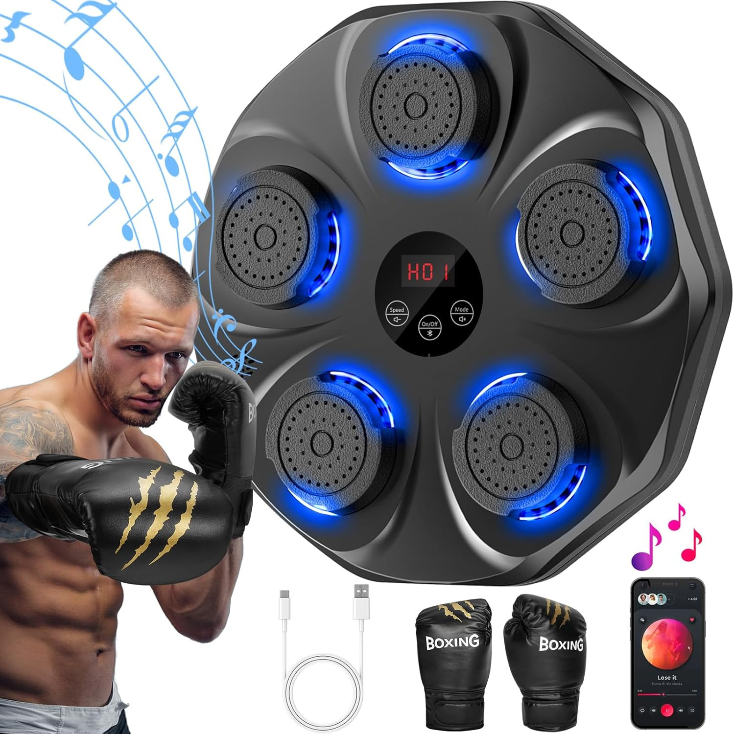Music Boxing Machine, Interactive Punching Trainer with Boxing Gloves, Large Siz
