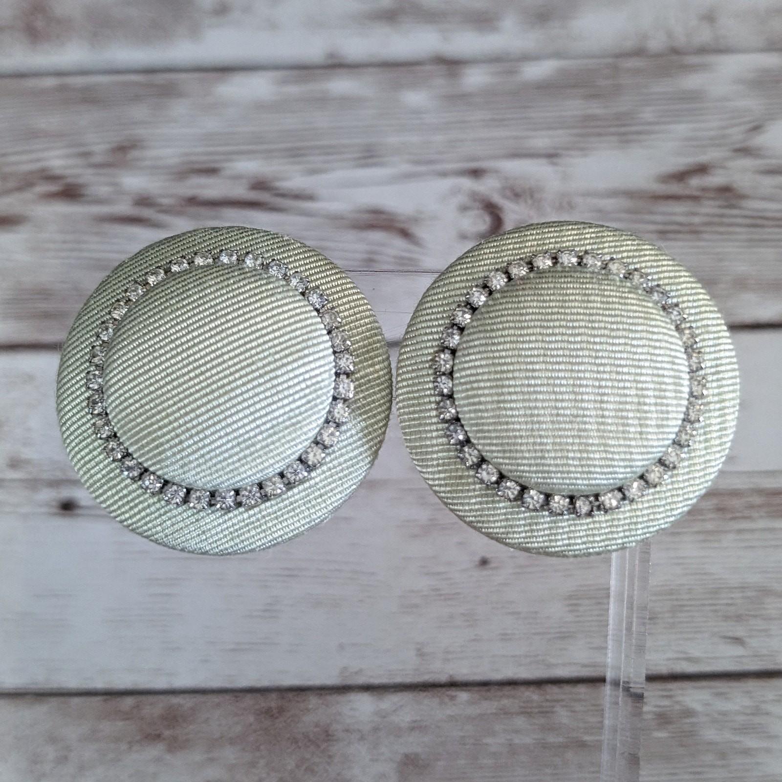 Vintage Clip On Earrings - Large Light Green Statement with Clear Gem Detail