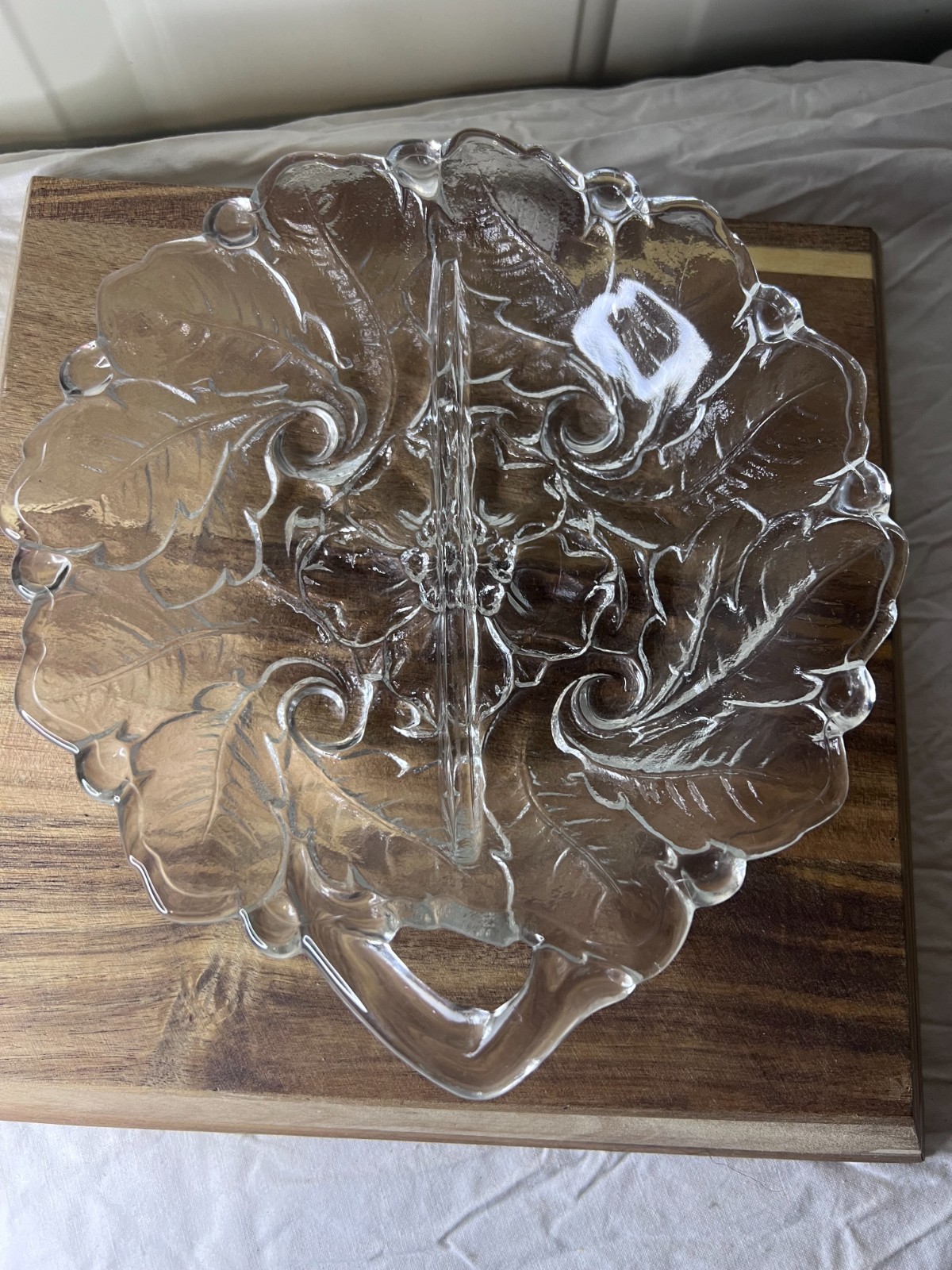 Vintage Indiana Glass Rose Floral Pattern Clear Divided Candy Dish MCM