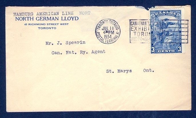 CANADA 3c CARTIER 1934 NORTH GERMAN LLOYD c/c