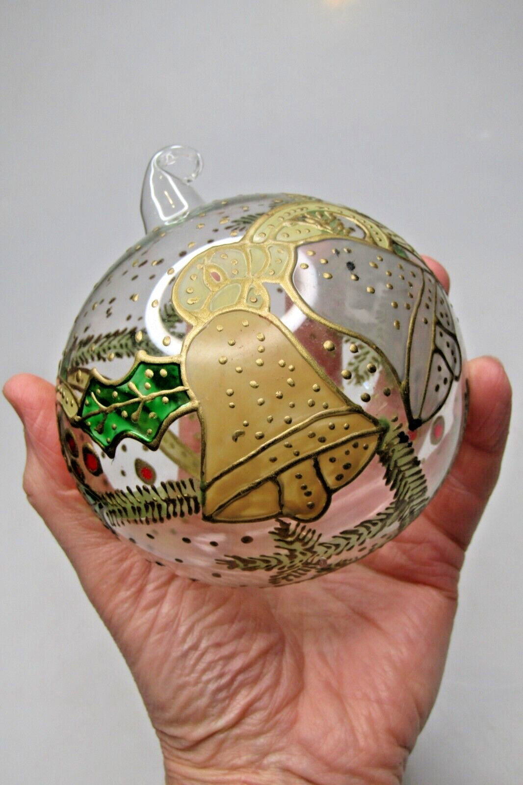 Vintage Blown Clear Glass Embellished Jumbo BALL Christmas BELL Ornament