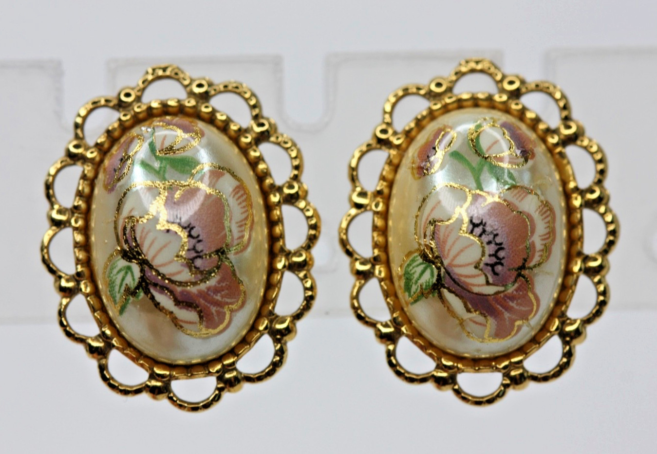 1928 Brand Oval Flower Cameo Earrings Victorian Revival Clip on