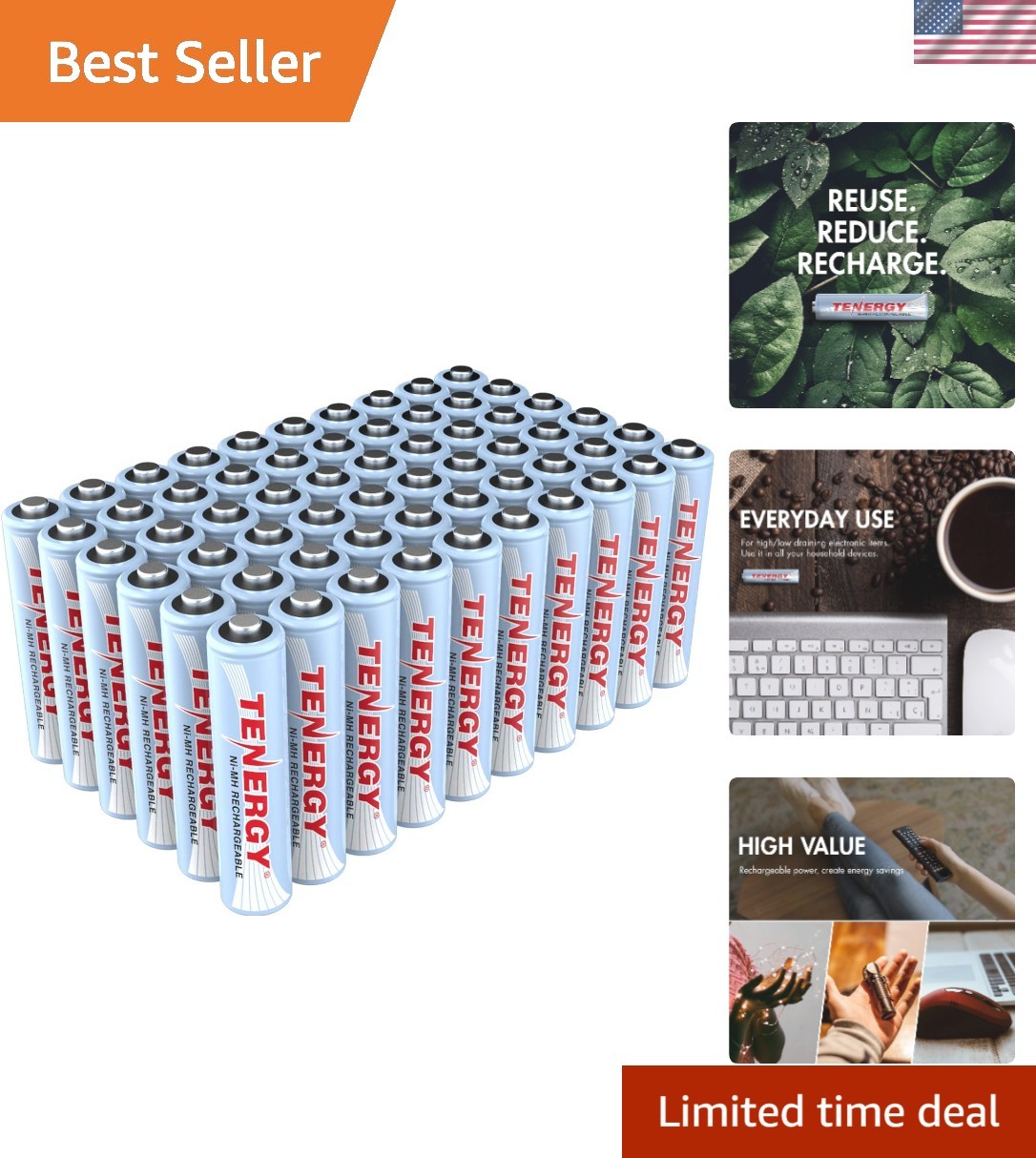 60-Pack AAA Rechargeable Batteries 1000mAh NiMH, Eco-Friendly Power Solution