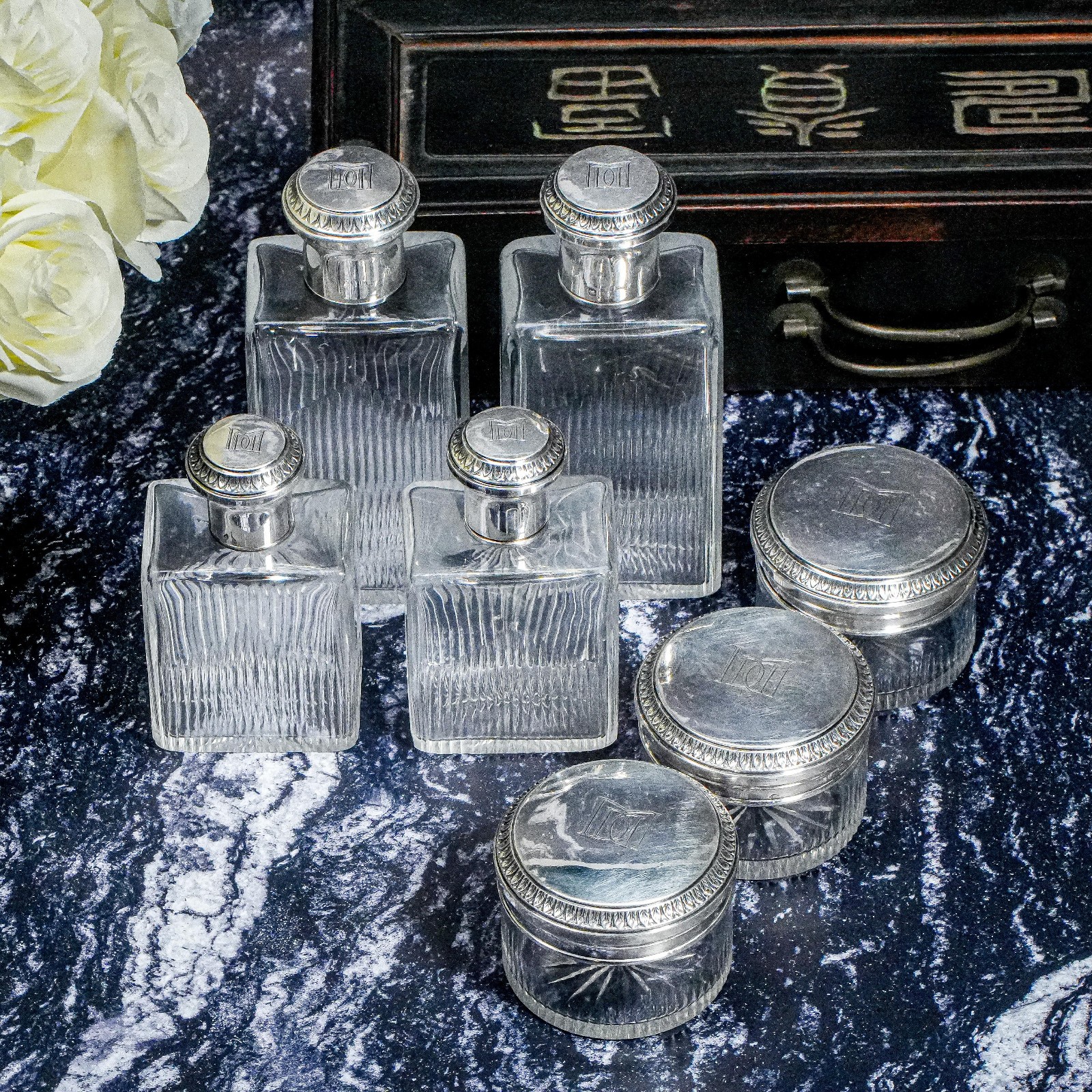 Exquisite Quality Antique French 950 Sterling Silver 7 Piece Vanity Dresser Set