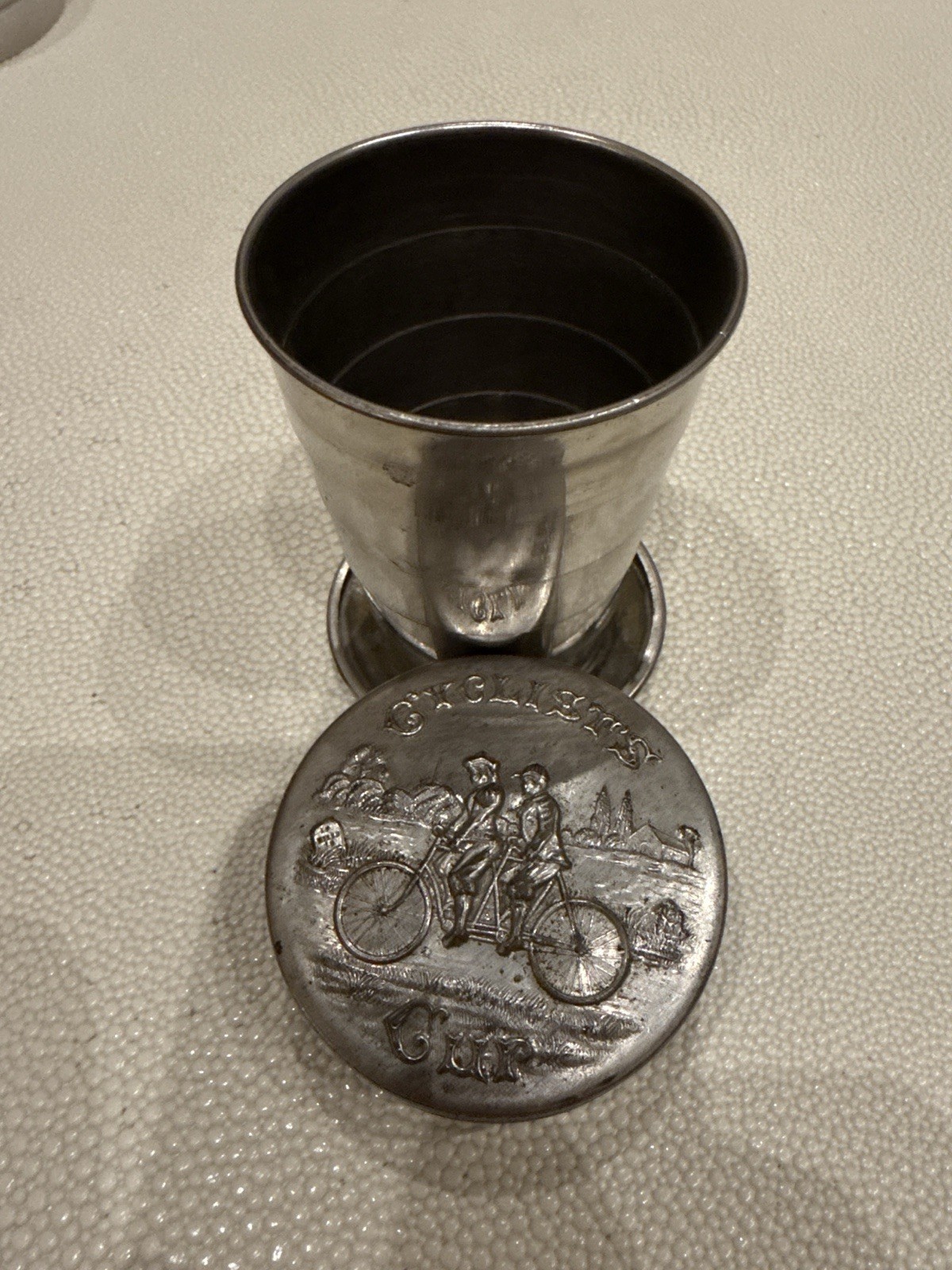 Antique German Collapsible Travel Cup Tandem Bicycle Scene Pocket Cup: RARE