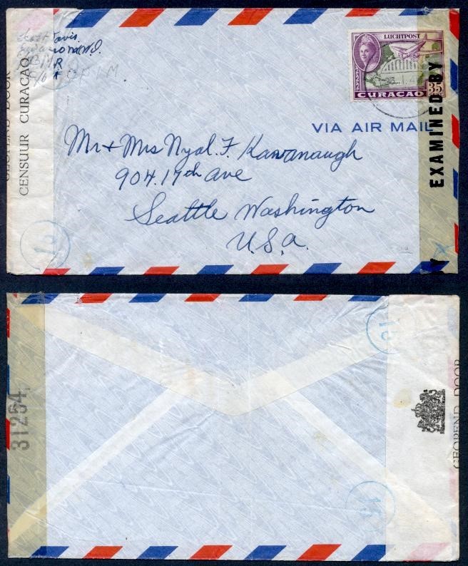 CURACO 1945 CENSORED AIR TO USA