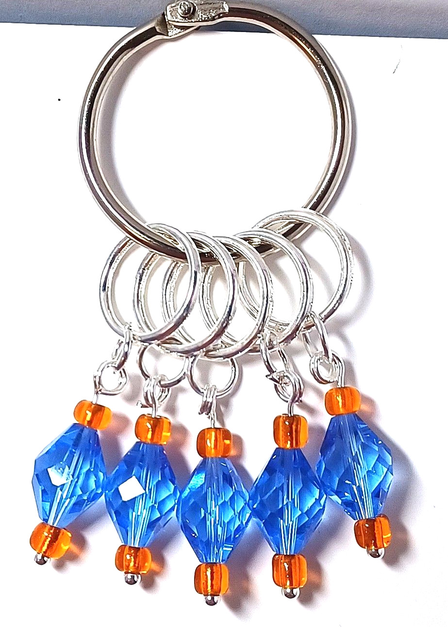 MikieLou Stitch Markers Premium Fine Faceted Blue Orange CRYSTALS Knitting
