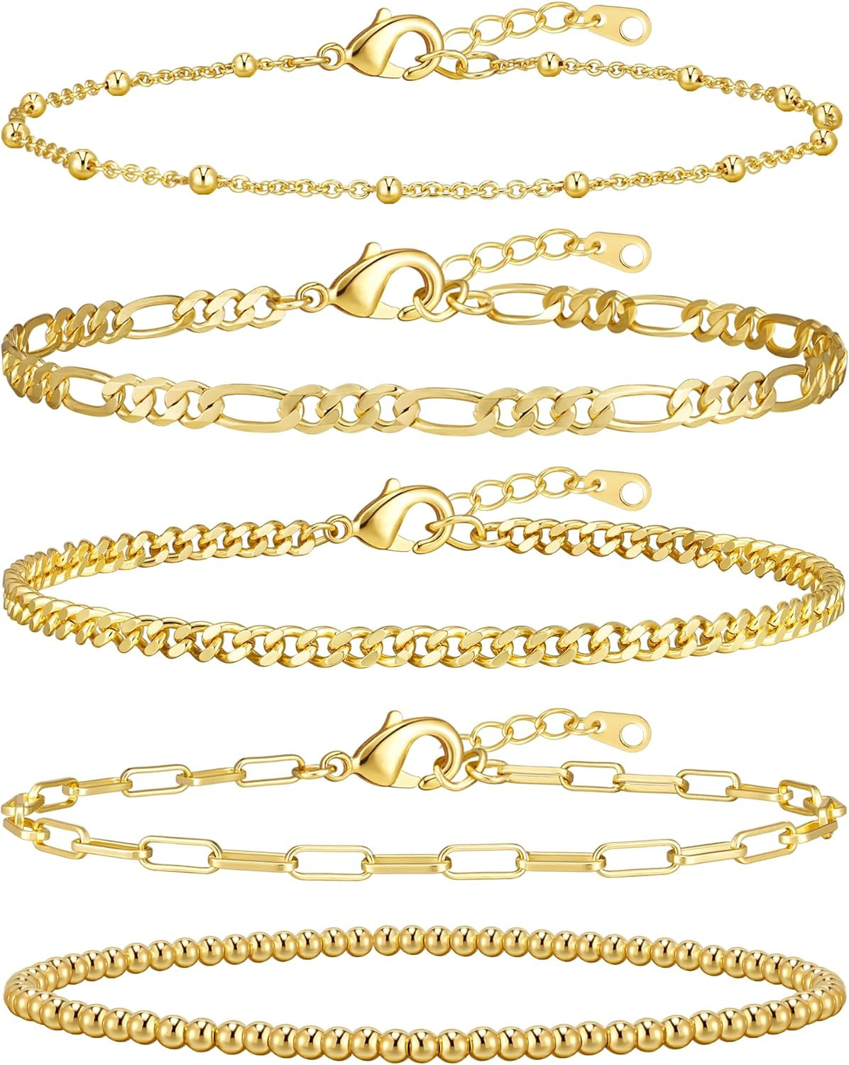 Gold Bracelets for Women, 14K Gold Plated Stackable Bracelet Stack Set Adjustabl
