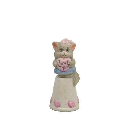 1986 Feline Feelins Collection Porcelain Thimble Kitty Holding Heart I Love You