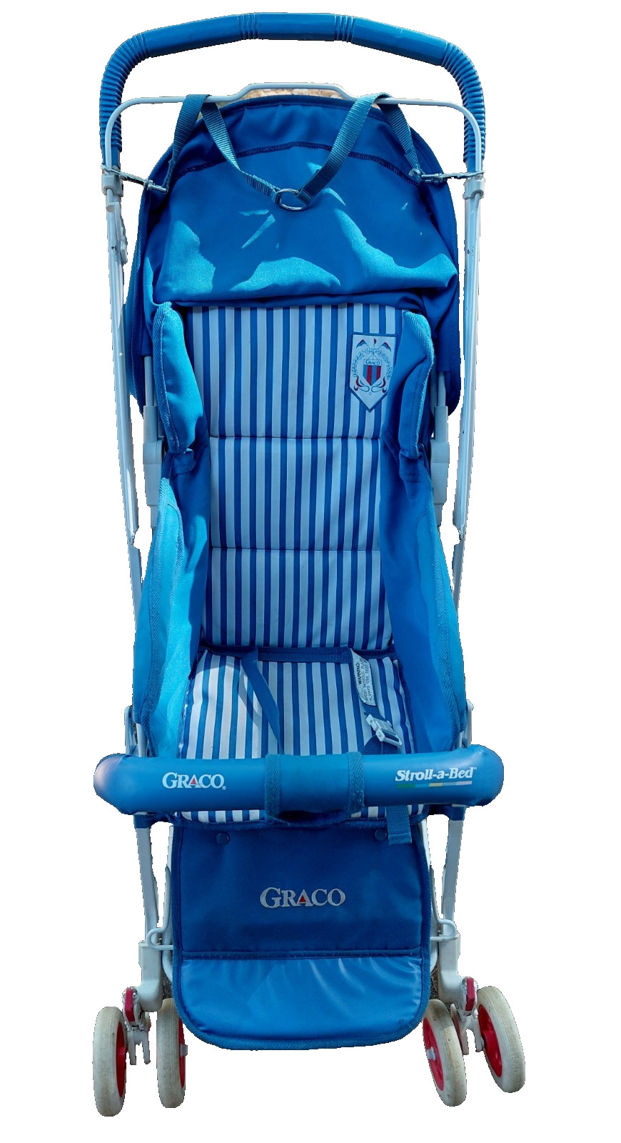 Vintage 1980's Graco Stroll A Bed Adjustable Baby Stroller Blue White Stripes 