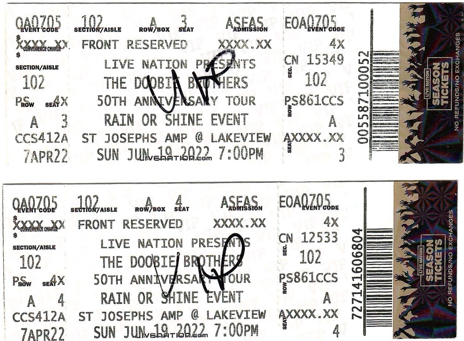DOOBIE BROTHERS LOT OF 2 USED TICKETS FROM 2022 SYRACUSE,NY CONCERT