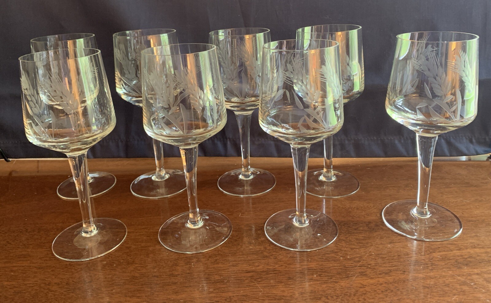 Eight Vintage Mid Century Modern Etched Glass Wheat Design Cordial Wine Glasses~