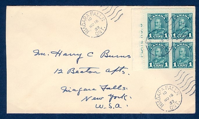 CANADA 1c GREEN ARCH PL #6 UL 1932 TO USA