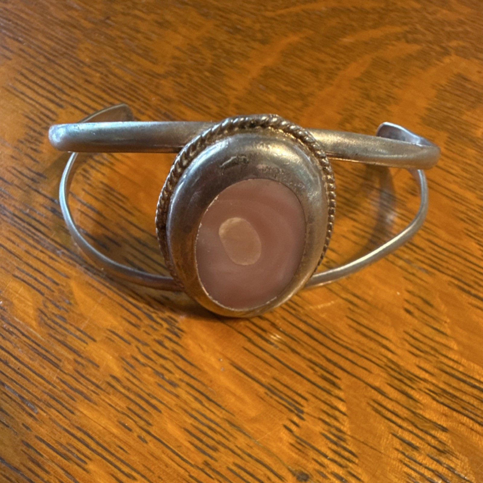 Mexican Silver Cuff Bracelet with Pink Oval Stone Bezel Setting 