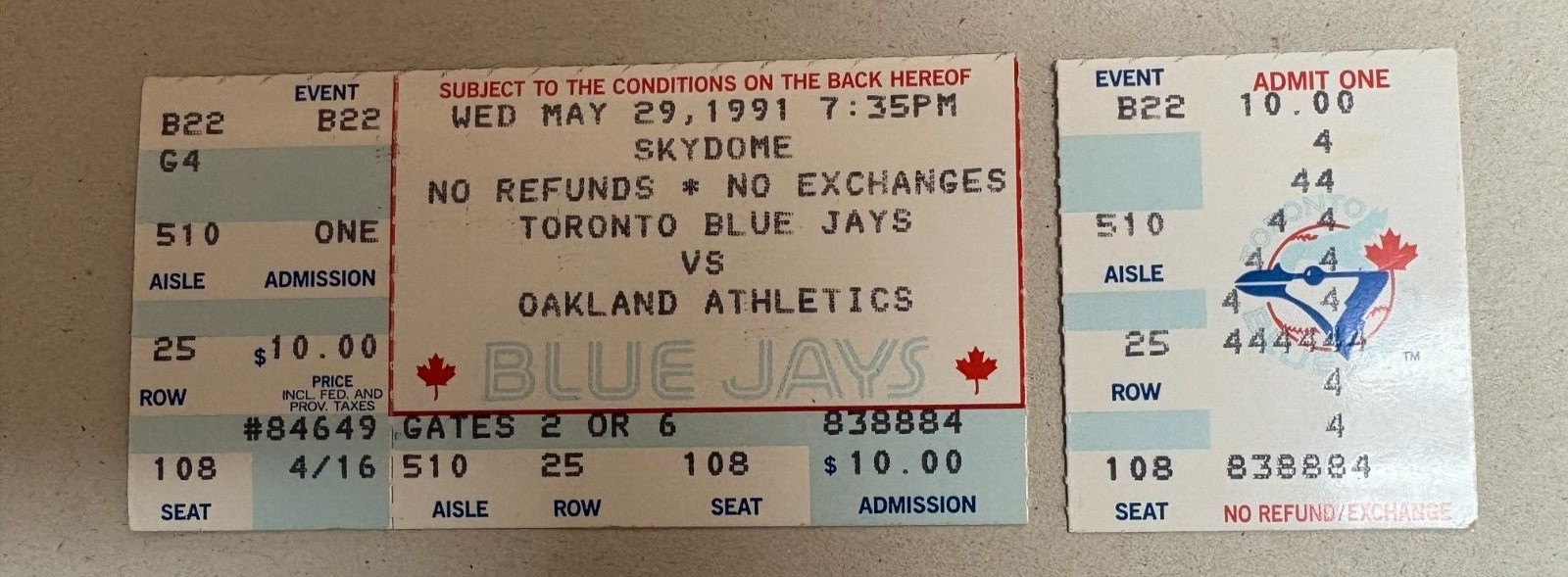 Blue Jays Vs. Oakland Athletics Vintage Ticket Stub Skydome (Toronto, 1991)