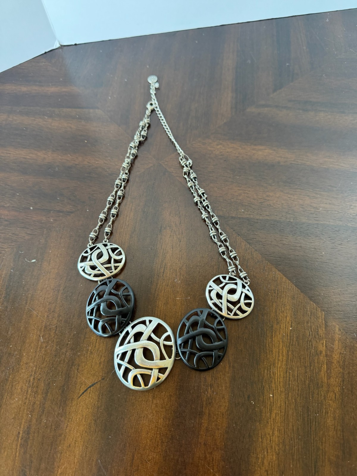 Brighton Silver Tone Black Enamel Disc Necklace Large Scroll Statement