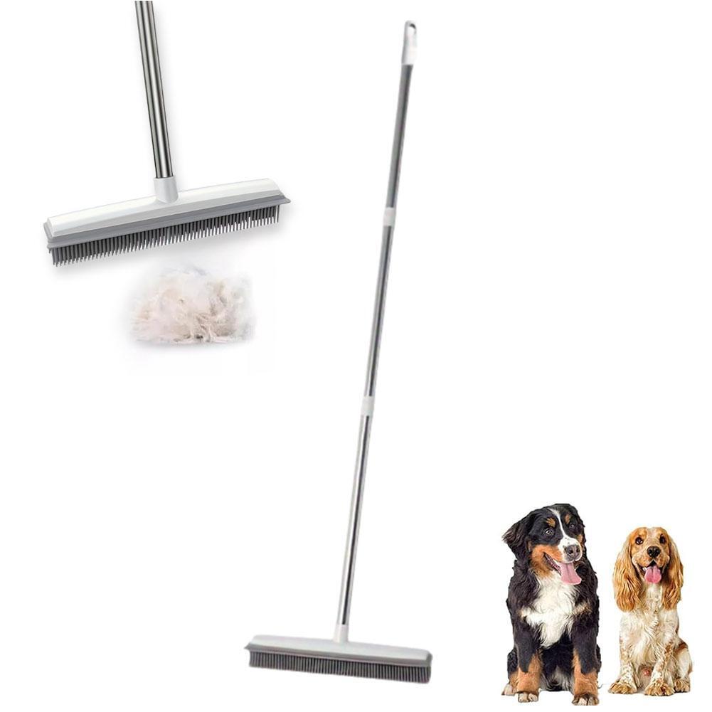 Rubber Broom Carpet Rake W/ Squeegee Long Handle for Pet Hair Fur Remover  PLM