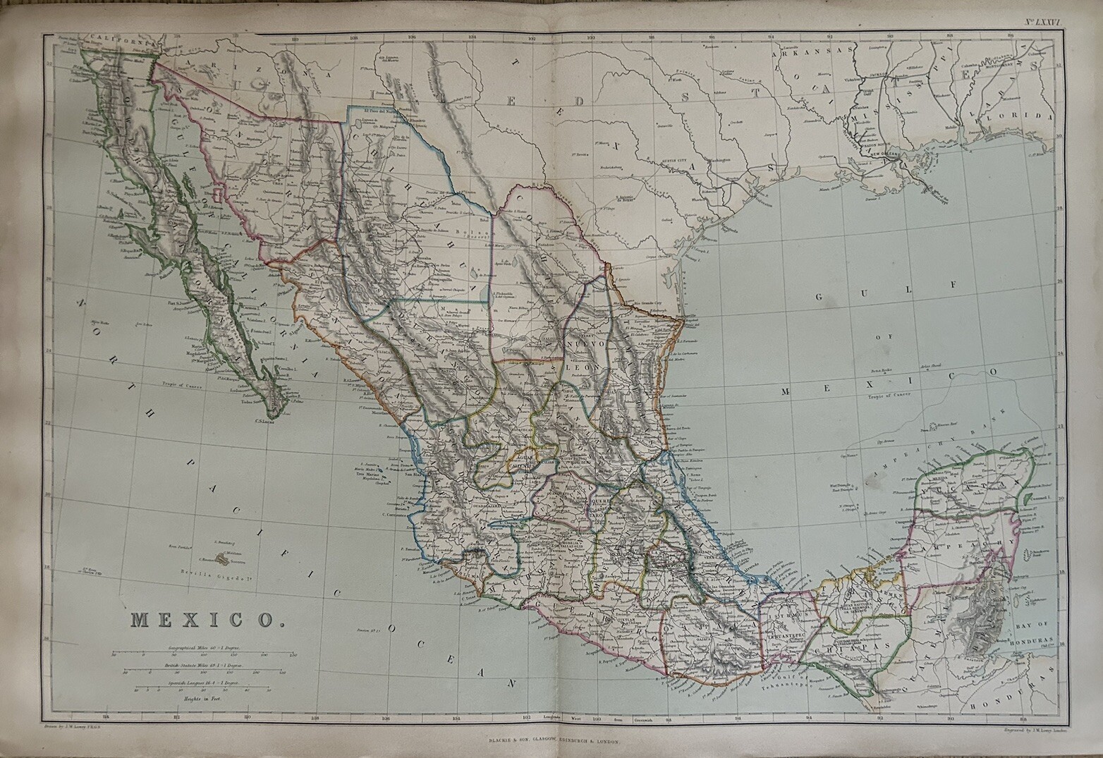 1872 Mexico Hand Coloured Original Antique Map By W.G. Blackie