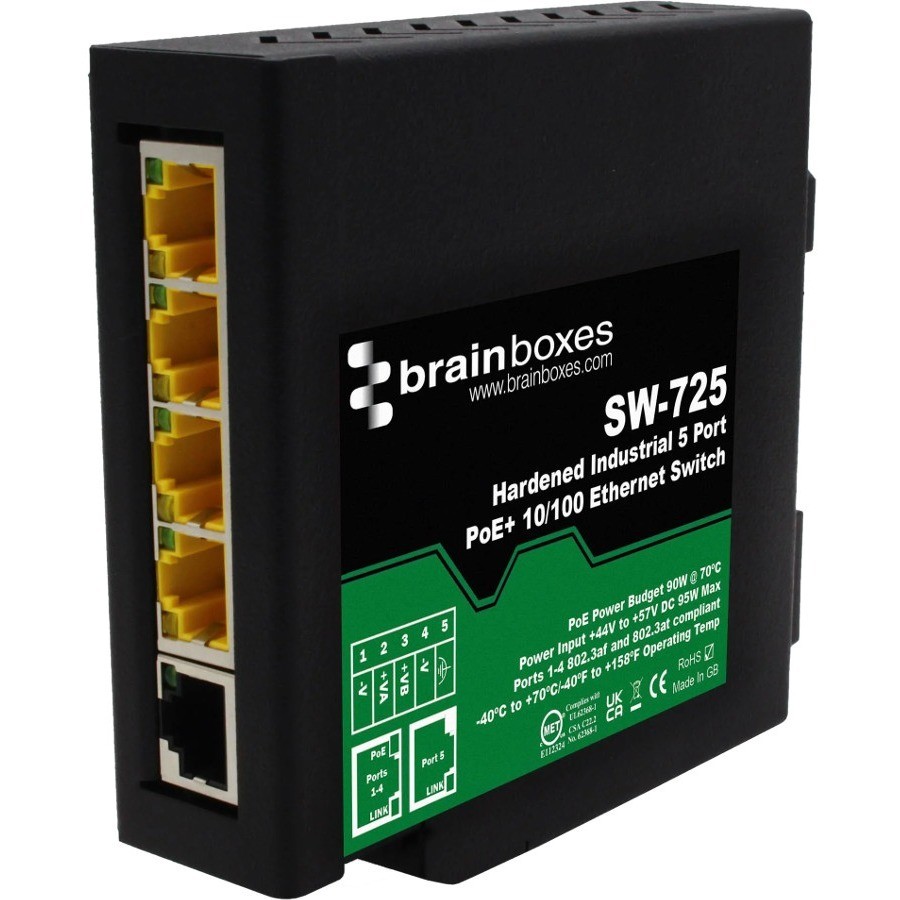 Brainboxes Hardened Industrial 5 Port PoE+ 10/100 Ethernet Switch SW725