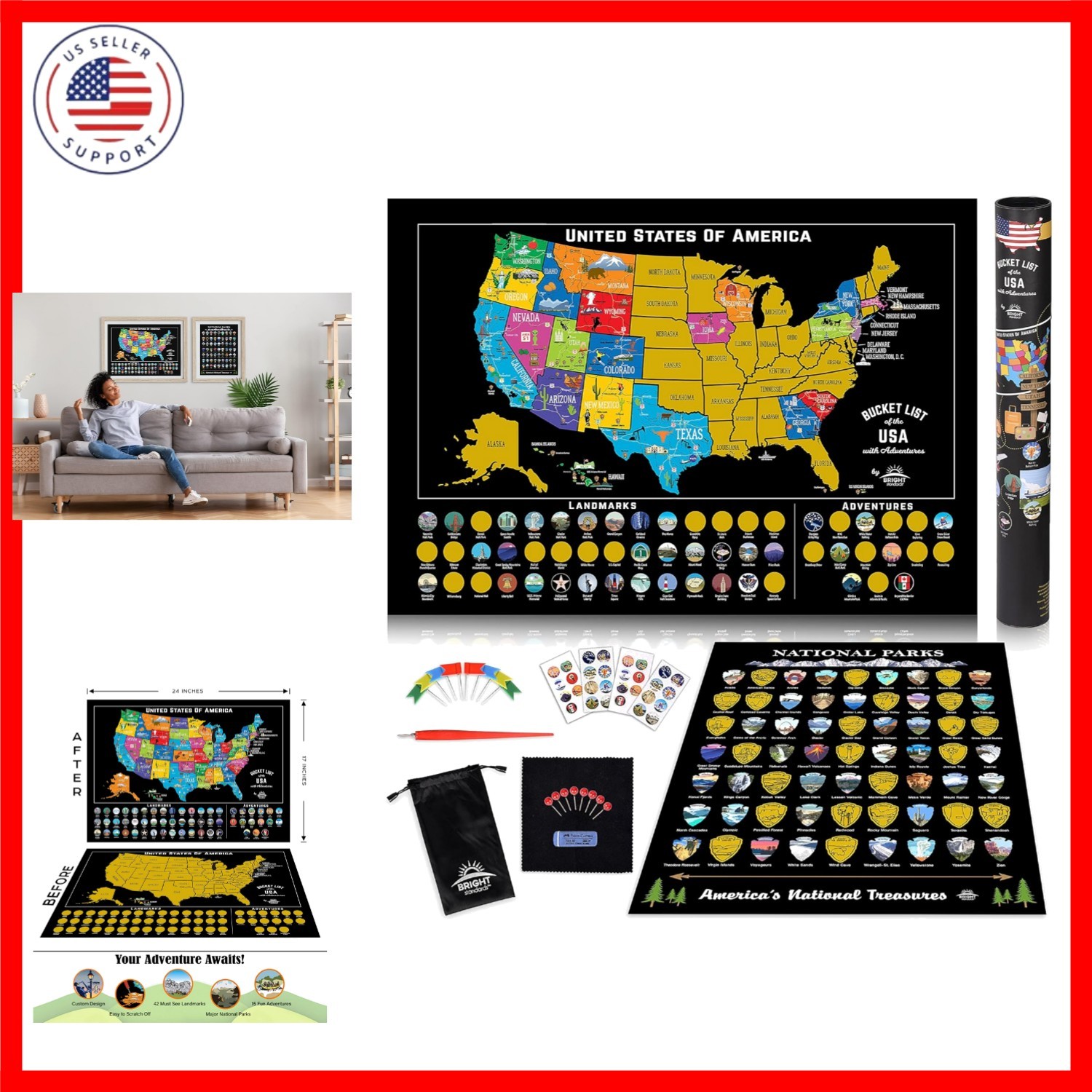 Scratch Off Map of  + 63 National Parks Bundle 24x17  Map & 12x16 NP Poster, ...