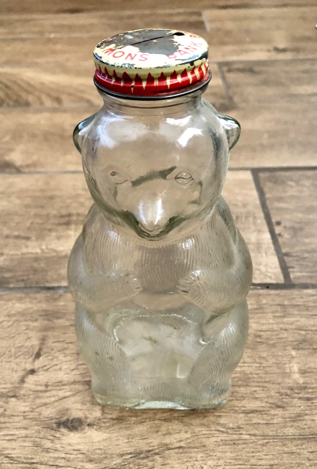 Vintage Snow Crest Glass Bear Bottle Bank Salem, Massachusetts 1940s 7.5"