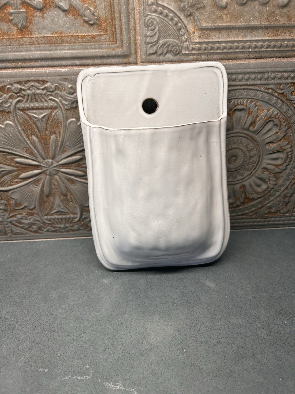 Pottery Primitive Rustic Red Clay Wall Pocket White Glazed 5.25” X 8.5”