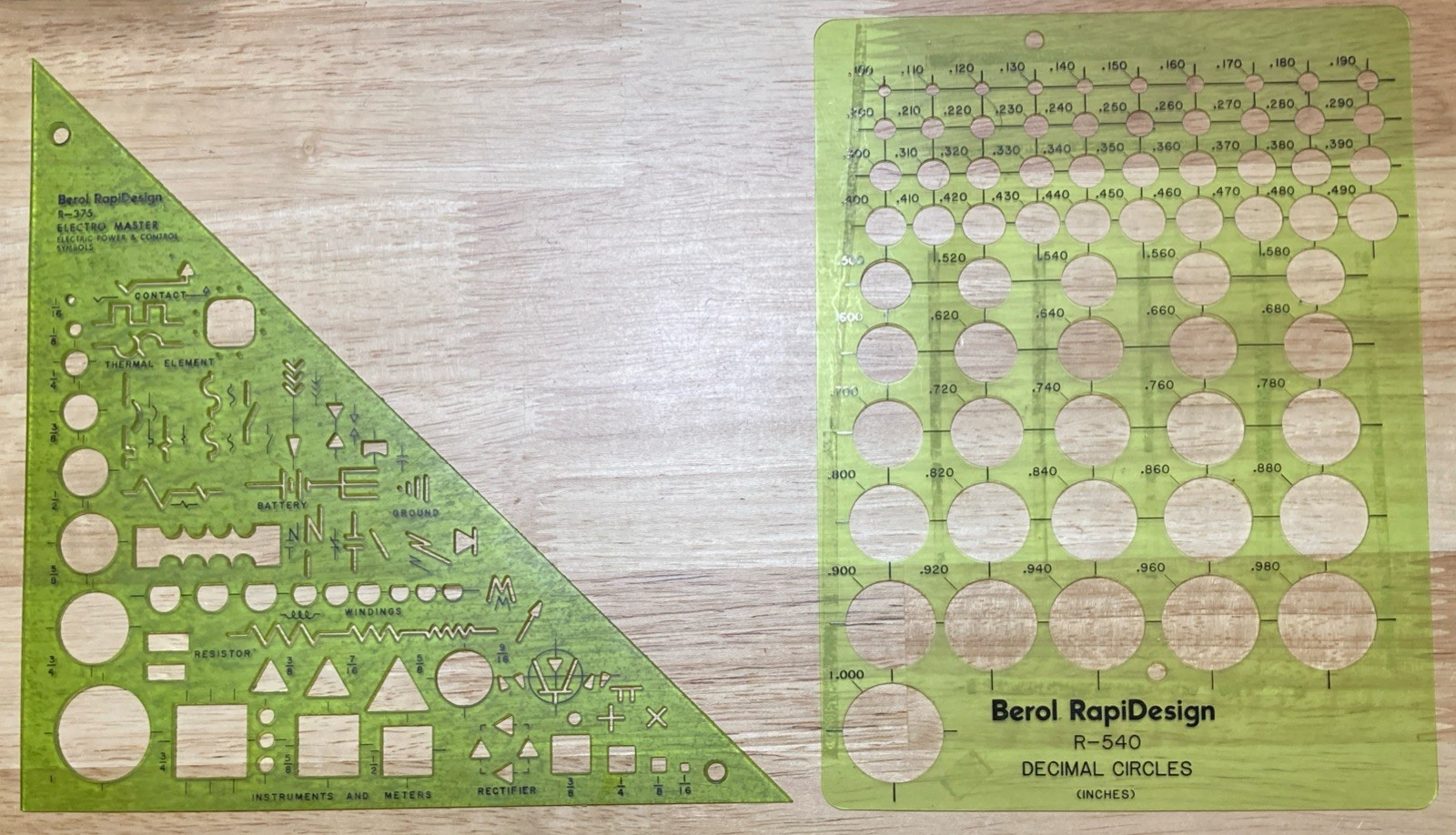 Lot of 2 Berol RapiDesign Templates - R-375 - Electromaster & R-540 Dec. Circles
