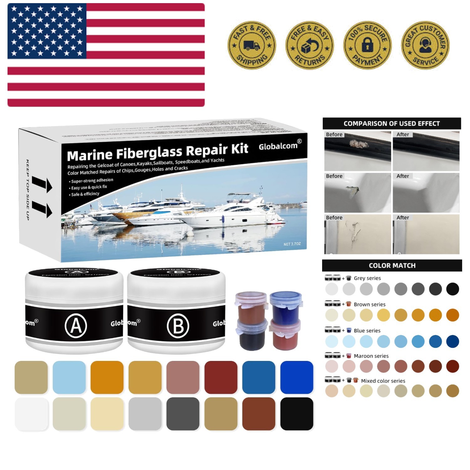 Gel Coat Repair Kit for Boats, Marine Fiberglass Repair Kit for Boats, Epoxy ...