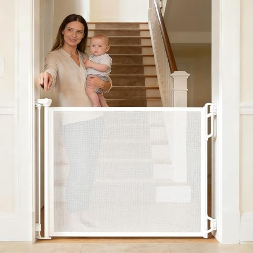 Retractable Safety Baby Gate or Mesh Dog Gate,Durable Portable 55" Wide White
