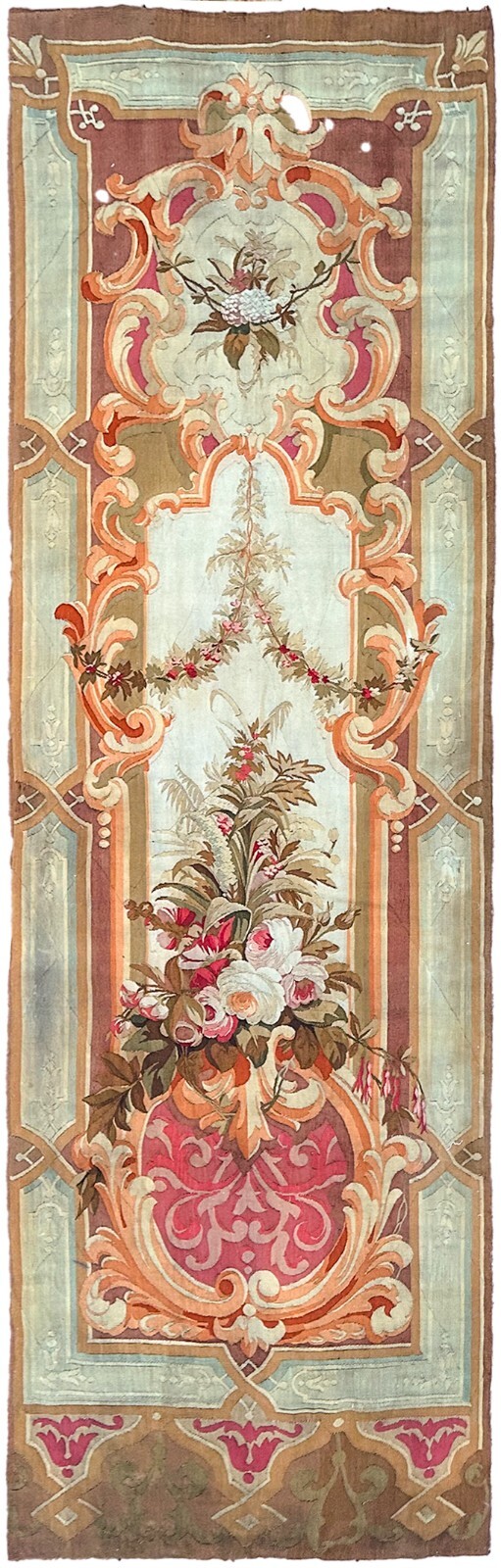 3x10 Antique French Aubusson Floral Vase Tapestry Rug Runner Circa 1880
