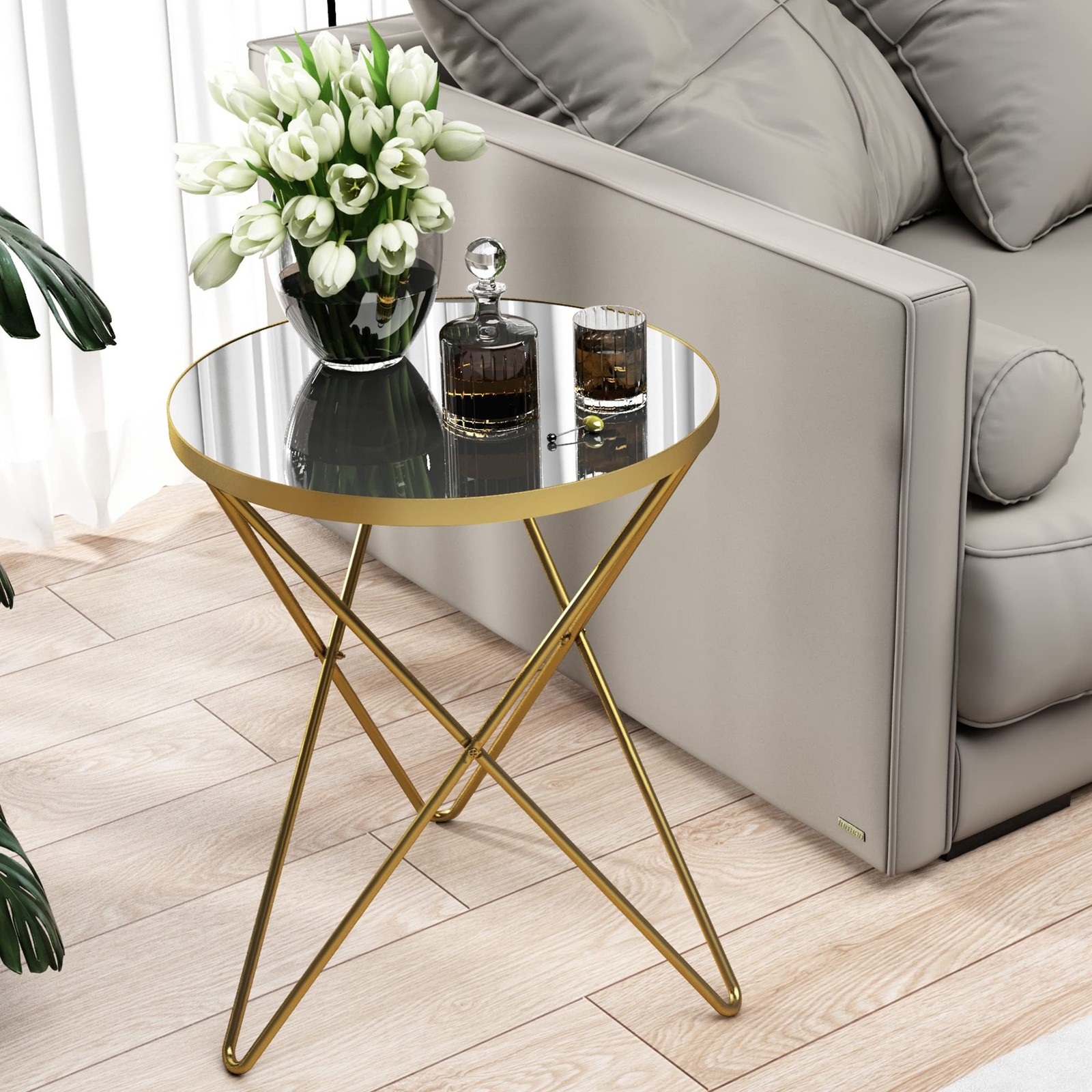 HLR Modern Round Side Table, End Table with Marble Effect Top and Gold Metal ...