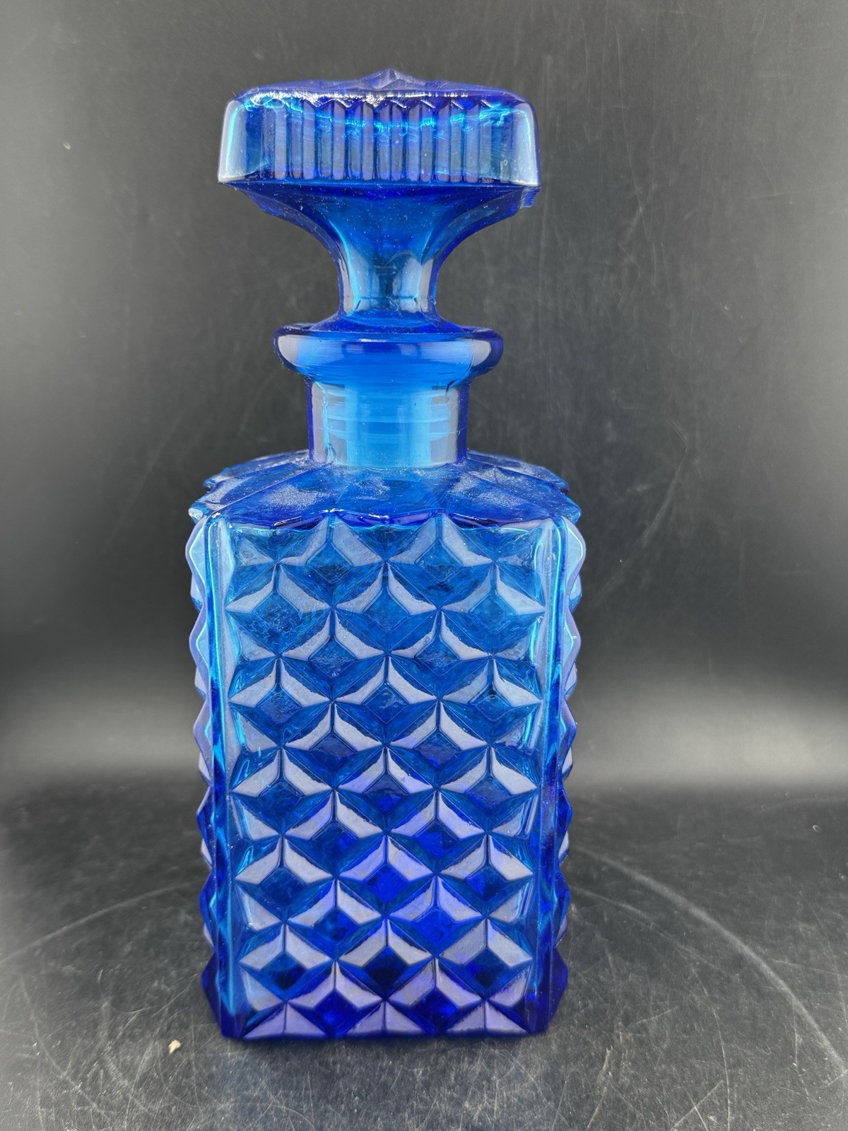 Vintage MCM Empoli Cobalt Blue Decanter with Stopper Diamond Point Art Glass 10"