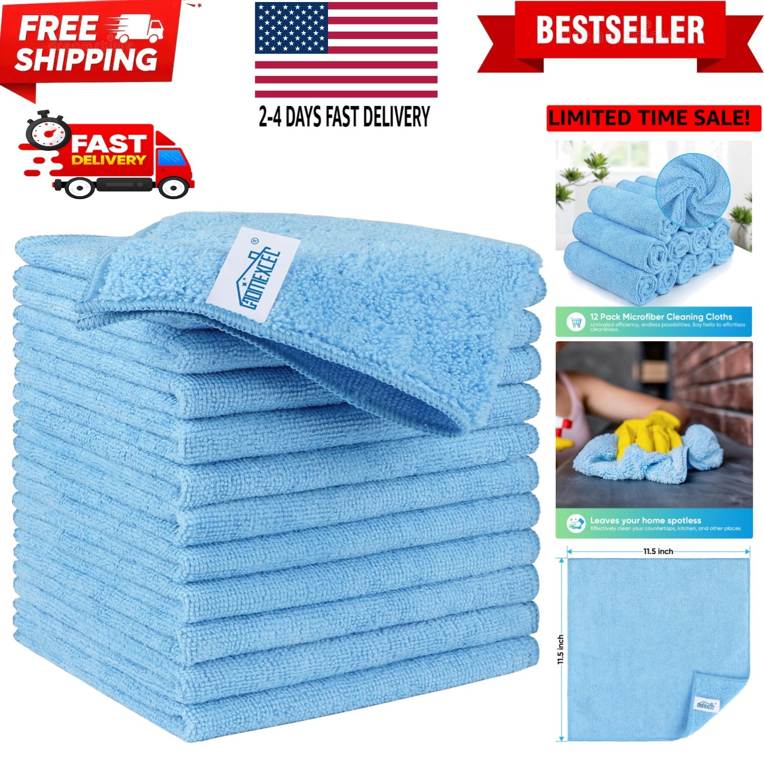 Blue Microfiber Cleaning Cloth, 12 Pack  Microfiber Towels for Cars, Lint Fre...