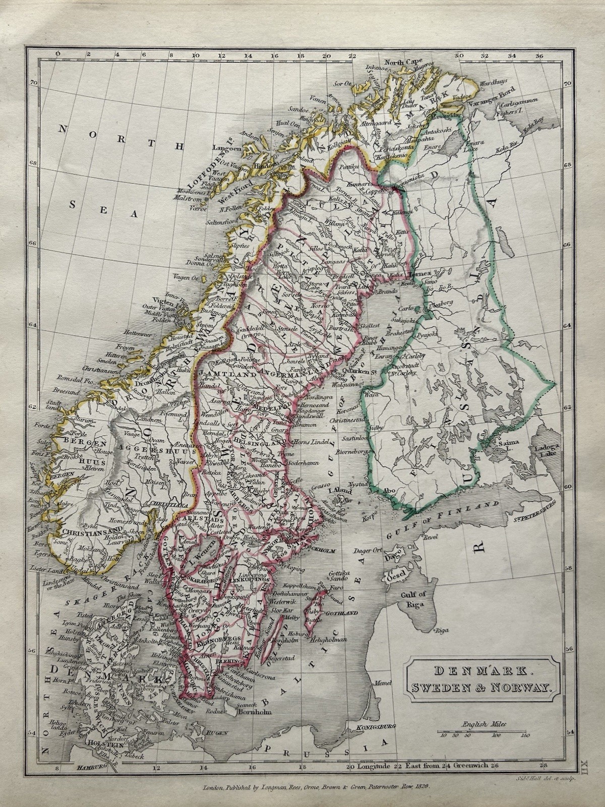 1829 Denmark, Sweden & Norway Original Antique Hand Coloured Map By Sidney Hall