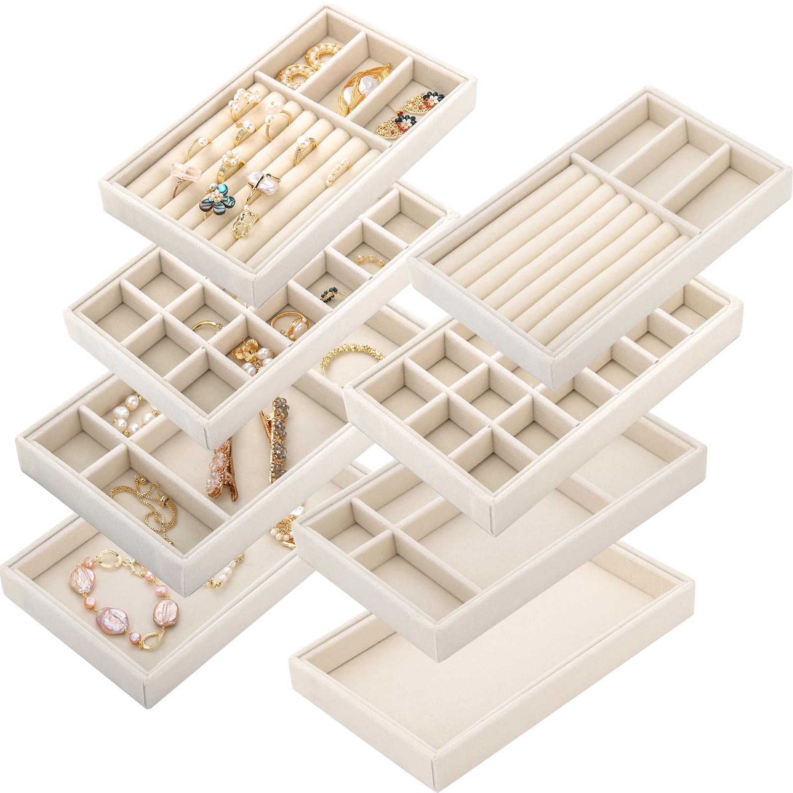 8 Pack Velvet Jewelry Trays, Stackable Jewelry Organizer Trays for Drawers, B...