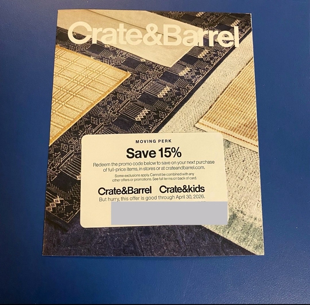 Crate & Barrel 15% Off Coupon In Store And Online Full Priced Items EXP 4/30/26