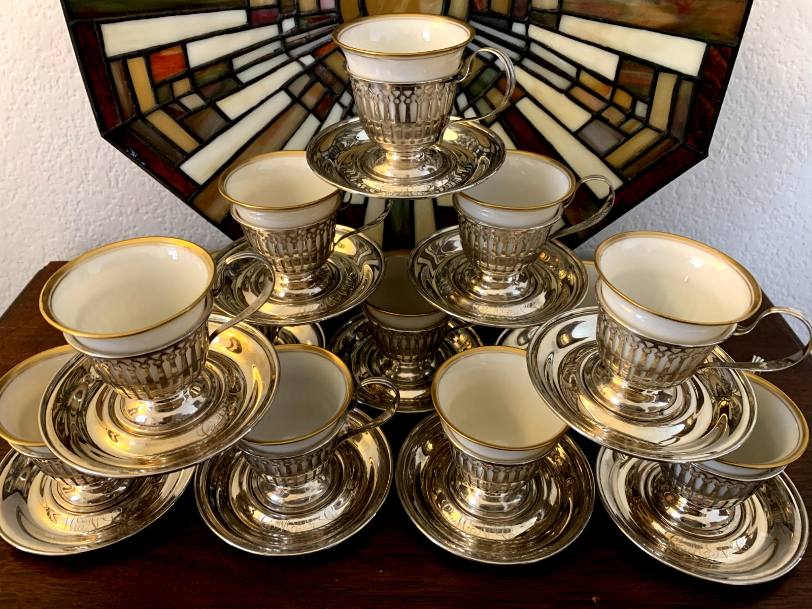 RARE Antique Mauser Sterling Silver Set 12 Demitasse Cups/Saucers/Liners, Mono