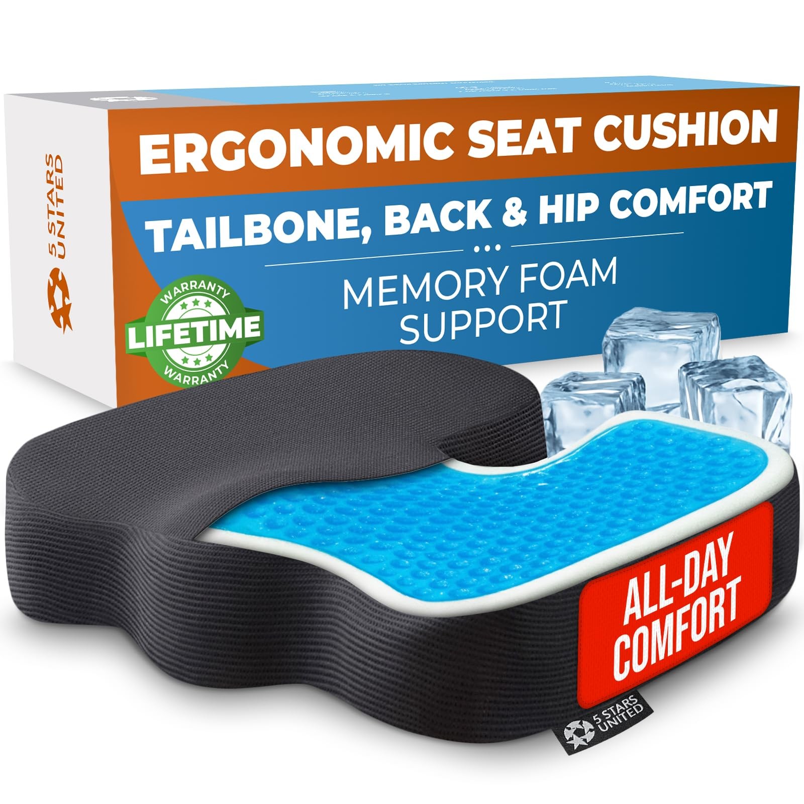 5 STARS UNITED Seat Cushion for Tailbone Pain Relief – Memory Foam Cushion fo...