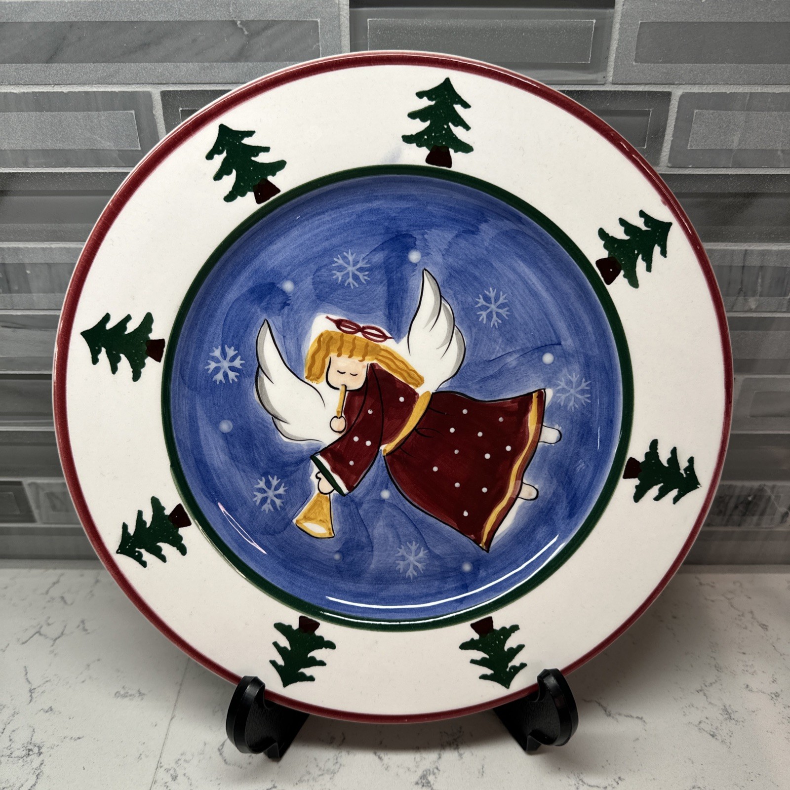 Angel Playing Horn Round Dinner Plate 10.5” Christmas Tree Ceramic Hand Painted