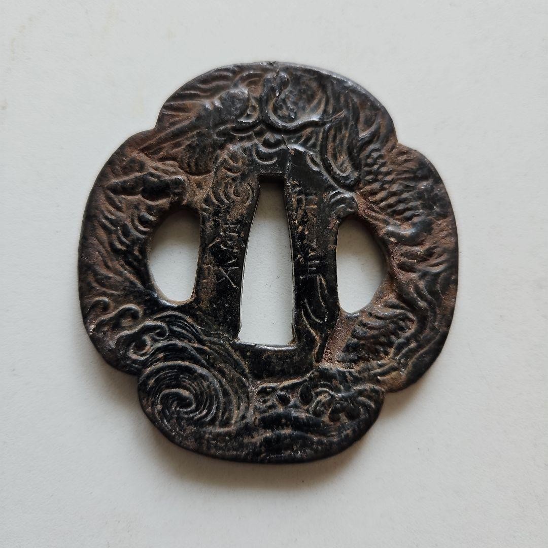 Tsuba Wave Dragon Carving Metal 6cm Antique Japanese Sword Guard Maker Mark