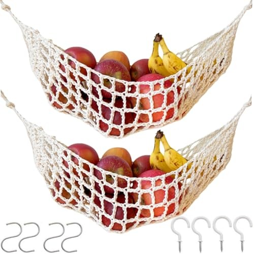 2-Pack Hanging Fruit Hammock with Hooks - Macrame Under Cabinet Veggie Ivory