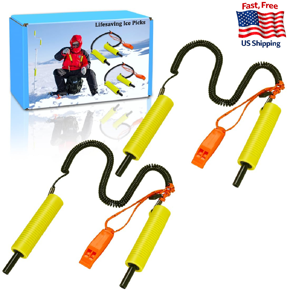 Huntury Retractable Ice Safety Picks 2-Pack, Long Lanyard, Safety Whistle