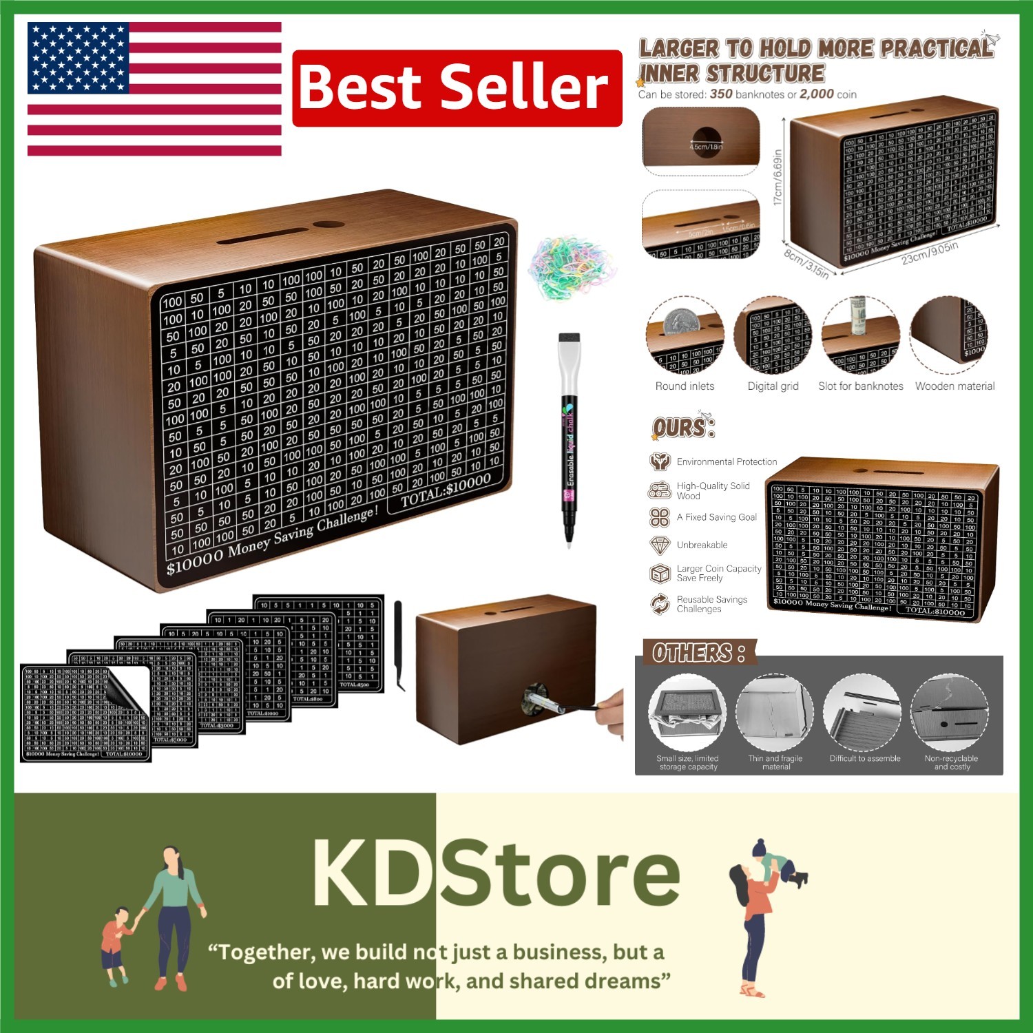 Wooden Money Saving Box Cash Vault Challenge with Counter Reusable Trackers