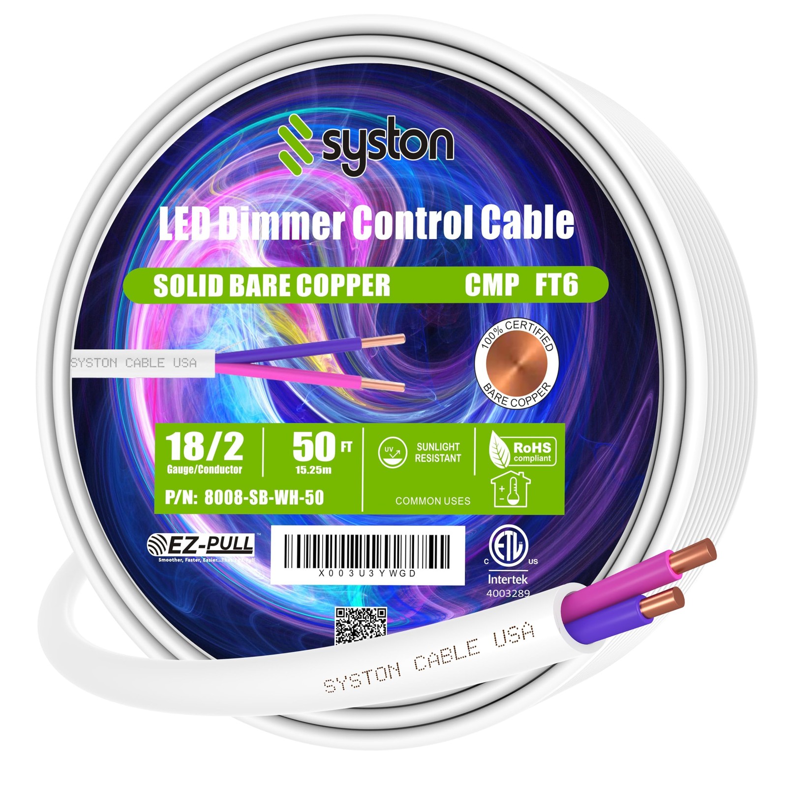 Syston Cable 18/2 LED Dimmer Luminaire Control Wire, CMP CL3P FT6, 80V, 300V