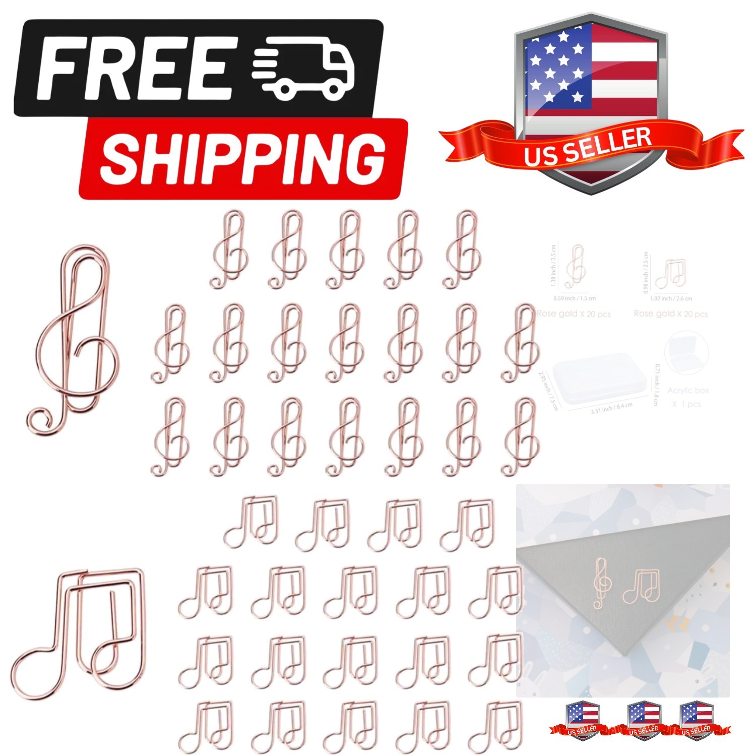 Clef and Note Shape 40pcs Paper Clips with Clear Box, Rose Gold, Funny Cute P...