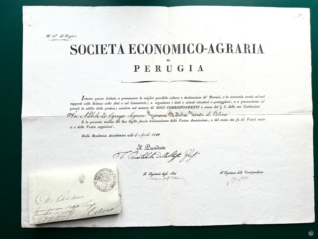 1840 Perugia Società Economico-Agraria Diploma with Private Post Entire Letter