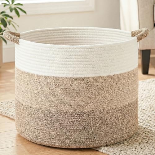 Large Natural Woven Blanket Basket Boho Decorative Cotton Rope 70L BrownYellow