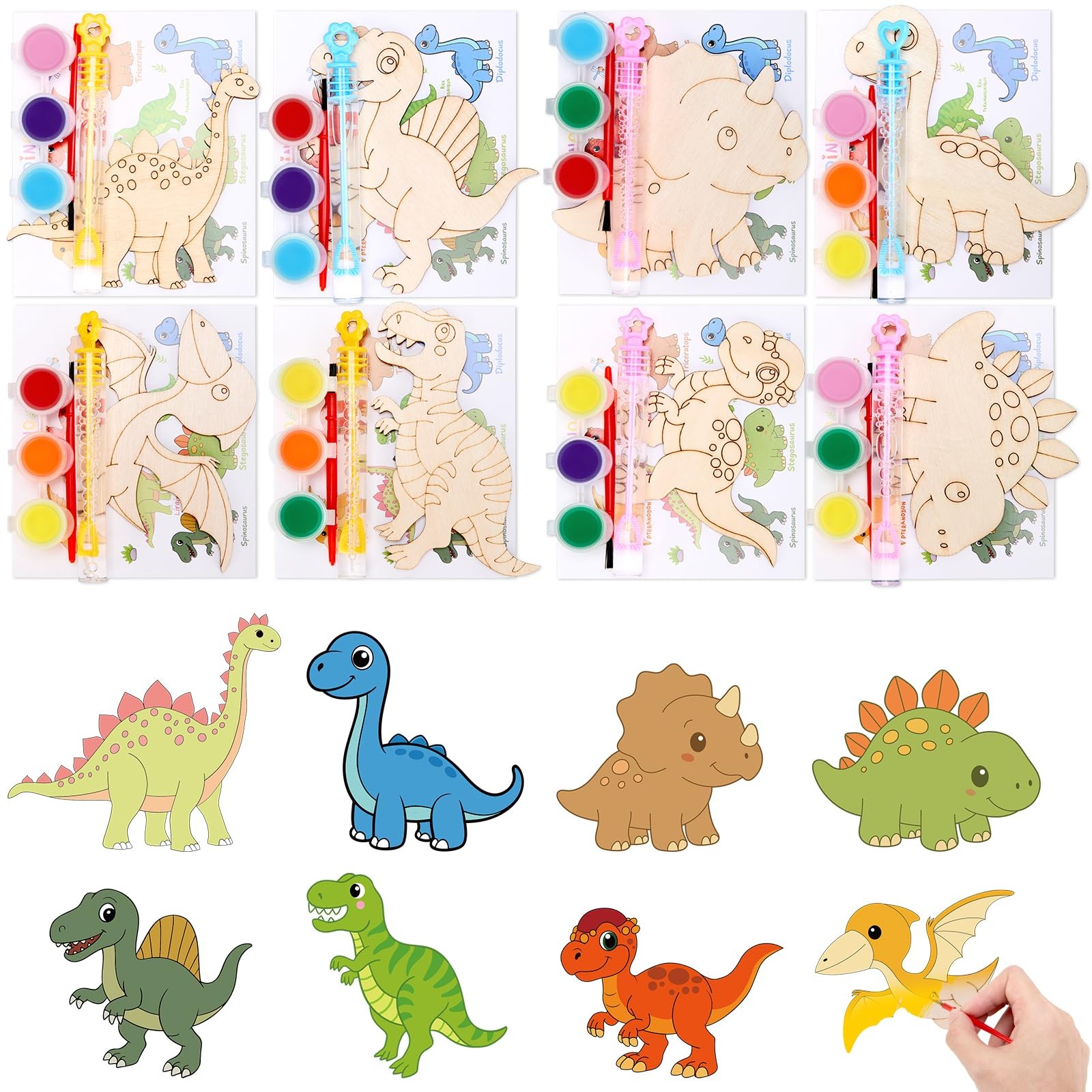 24 Pack Dinosaur Party Favors - Wooden Painting Crafts Kits with Bubble Wands...
